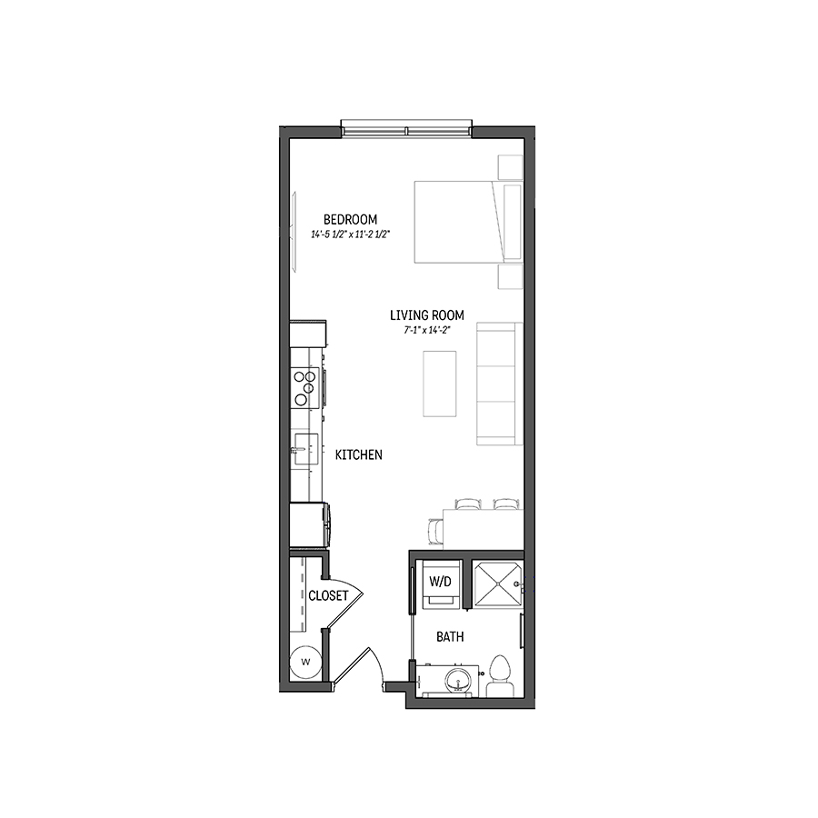 Rendering of the Turquoise floor plan with a Studio bedroom and 1 bathroom[s] at Izzy