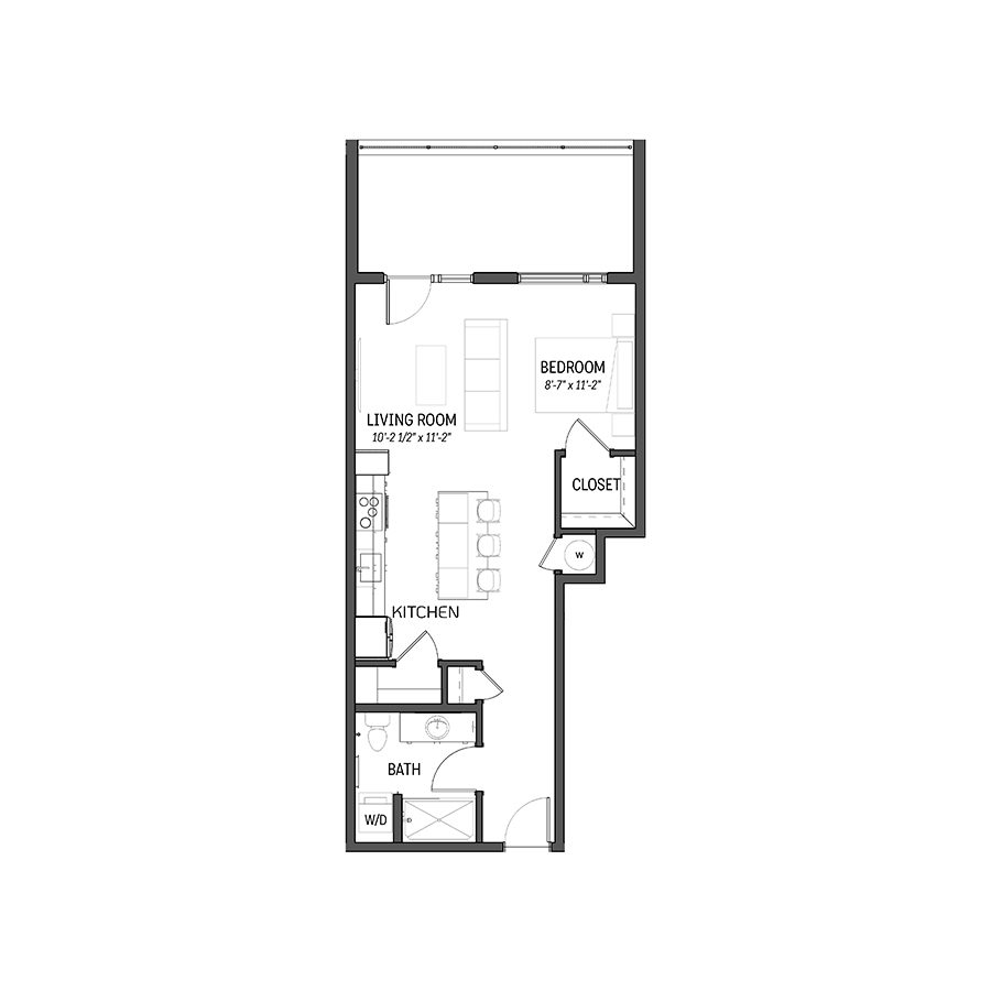 Rendering of the Pearl floor plan with a Studio bedroom and 1 bathroom[s] at Izzy