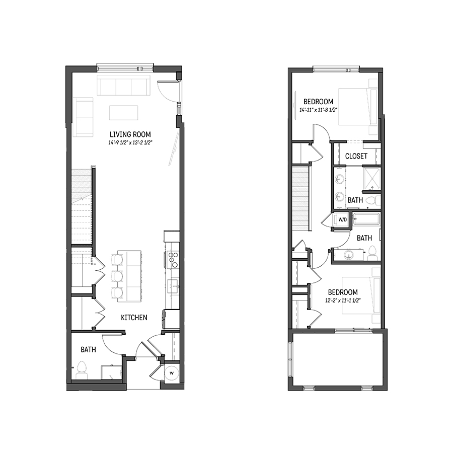 Rendering of the Gold floor plan with 2 bedroom[s] and 2.5 bathroom[s] at Izzy