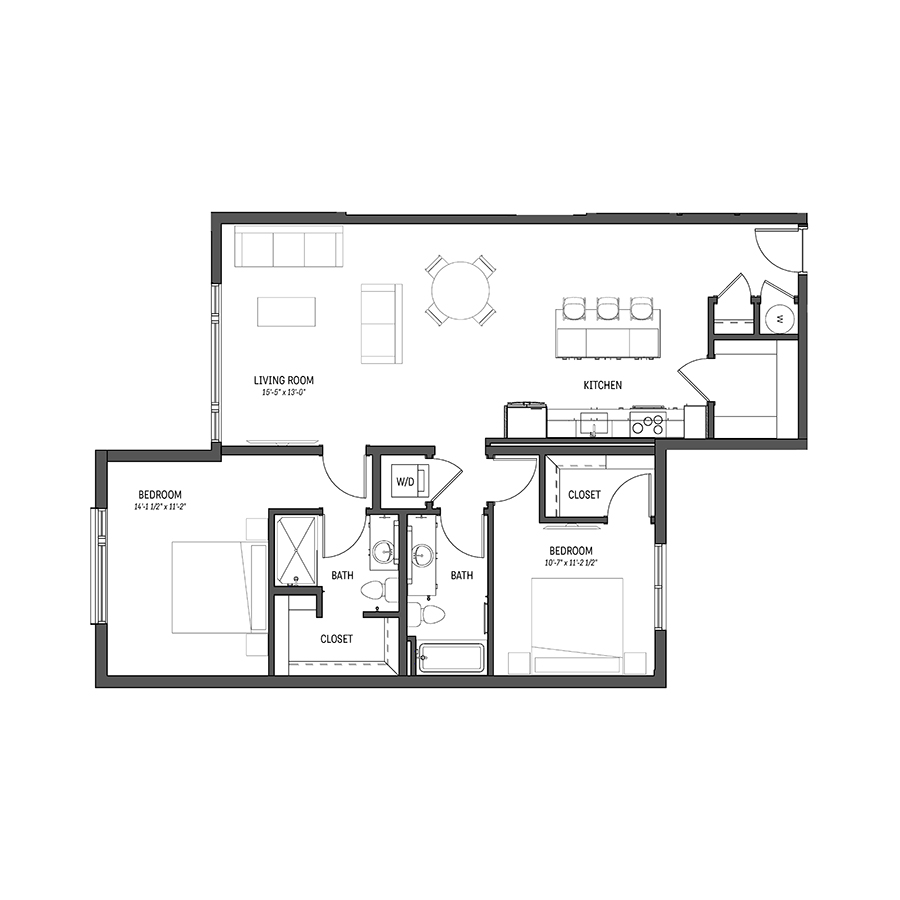 Rendering of the Agate floor plan with 2 bedroom[s] and 2 bathroom[s] at Izzy