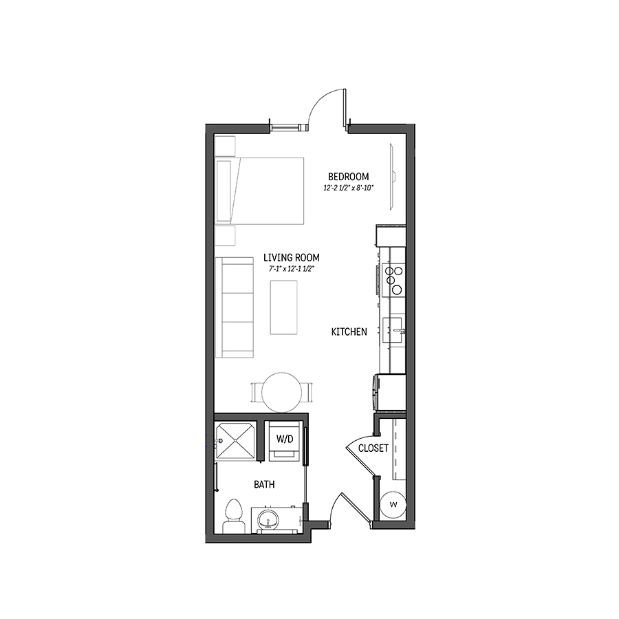 Rendering of the Amber floor plan with a Studio bedroom and 1 bathroom[s] at Izzy