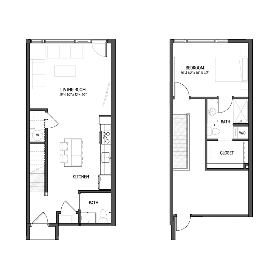 Rendering of the Aquamarine floor plan with 1 bedroom[s] and 1.5 bathroom[s] at Izzy