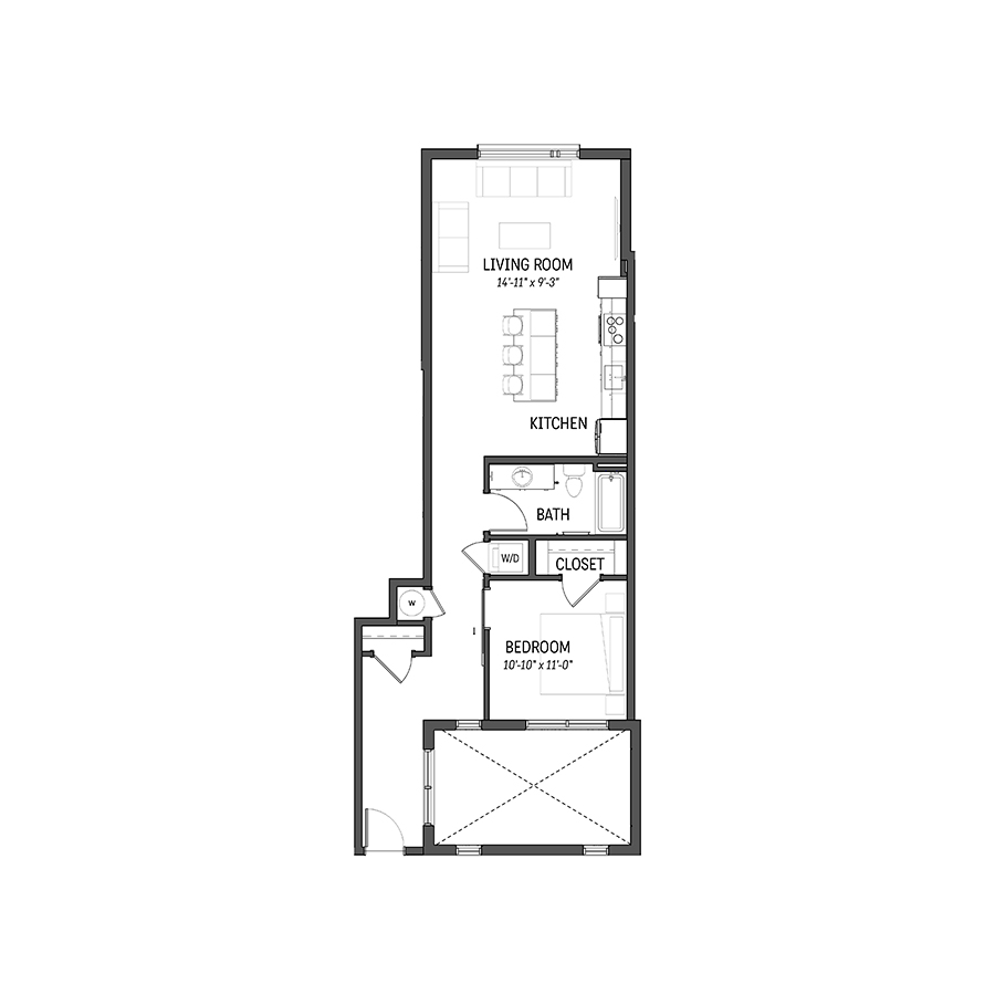 Rendering of the Graphite floor plan with 1 bedroom[s] and 1 bathroom[s] at Izzy