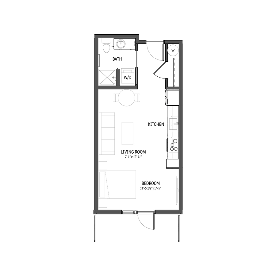 Rendering of the Mercury floor plan with a Studio bedroom and 1 bathroom[s] at Izzy
