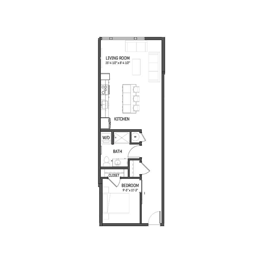 Rendering of the Diamond floor plan with 1 bedroom[s] and 1 bathroom[s] at Izzy