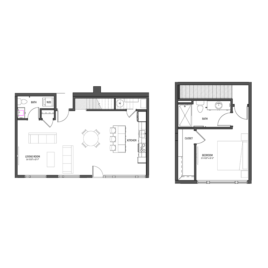 Rendering of the Sandstone floor plan with 1 bedroom[s] and 1.5 bathroom[s] at Izzy