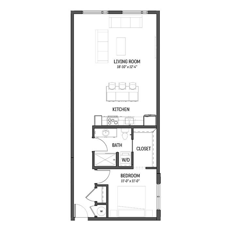 Rendering of the Sandstone floor plan with 1 bedroom[s] and 1.5 bathroom[s] at Izzy