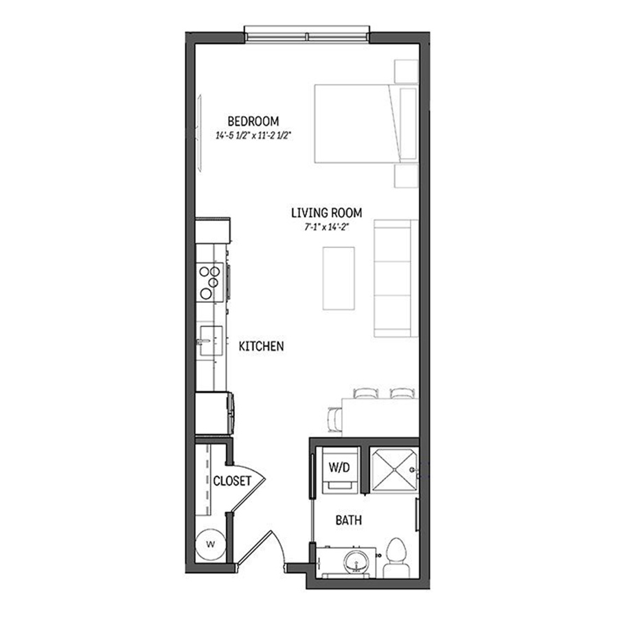 Rendering of the Turquoise floor plan with a Studio bedroom and 1 bathroom[s] at Izzy