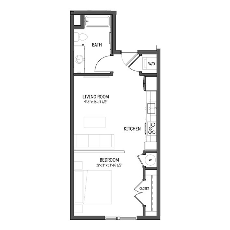 Rendering of the Gypsum floor plan with 1 bedroom[s] and 1 bathroom[s] at Izzy