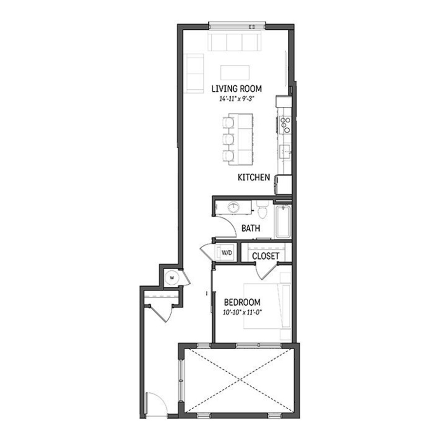 Rendering of the Graphite floor plan with 1 bedroom[s] and 1 bathroom[s] at Izzy