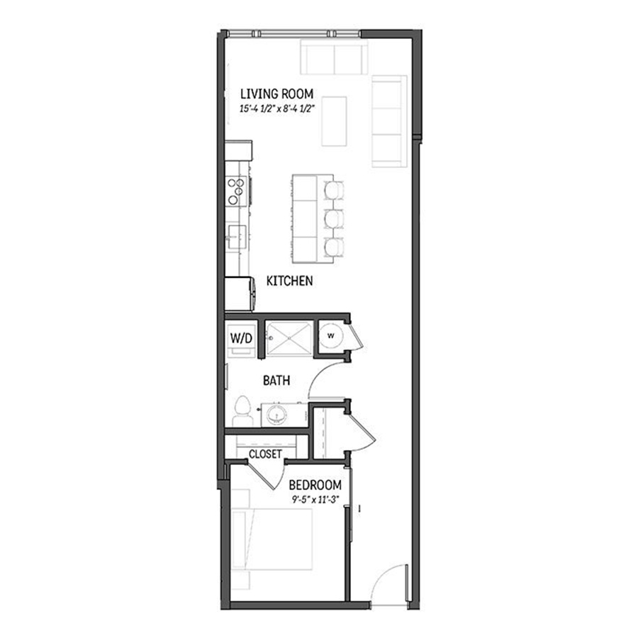 Rendering of the Diamond floor plan with a Studio bedroom and 1 bathroom[s] at Izzy